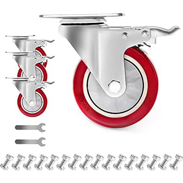 4 Inch Plate Swivel Casters Wheels 1800lbs Heavy Duty Casters with Brake Polyurethane Dual Locking Casters Set of 4 Red DLI4001