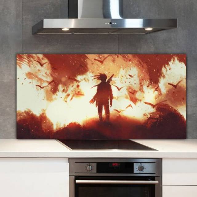 Kitchen splashback toughened glass 140x70 man with gun standing against fire
