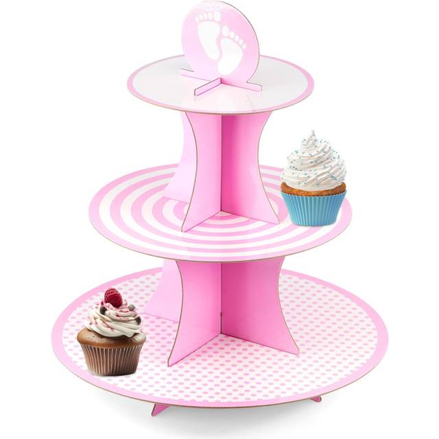 (Pink) GEEZY 3 Tier Cardboard Cupcake Stand Birthdays Afternoon Tea Wedding Cake Stand