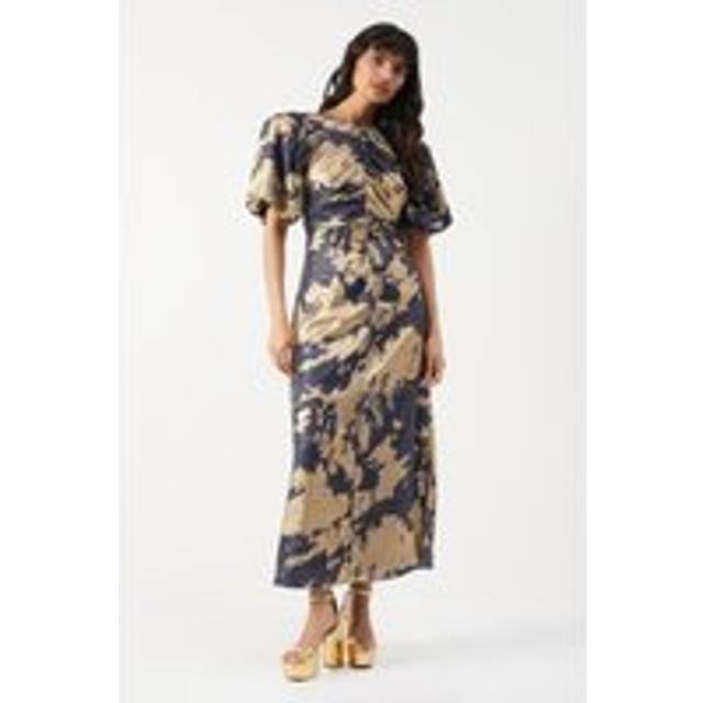Warehouse Womens Metallic Satin Ruched Front Puff Sleeve Midi Dress - Grey - Size 8 UK