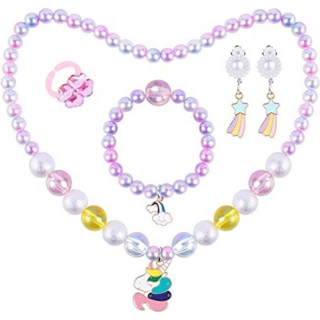 Unicorn Necklaces, 5 PCS Girl Jewelry Set, Colorful Unicorn Pearl Necklace Bracelet Clip Earrings Adjustable Ring for Kids Party Favors