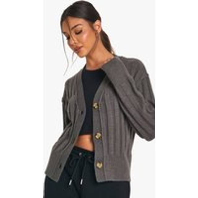 Womens Seam Detail Soft Rib Knit Boyfriend Cardigan - Grey - M