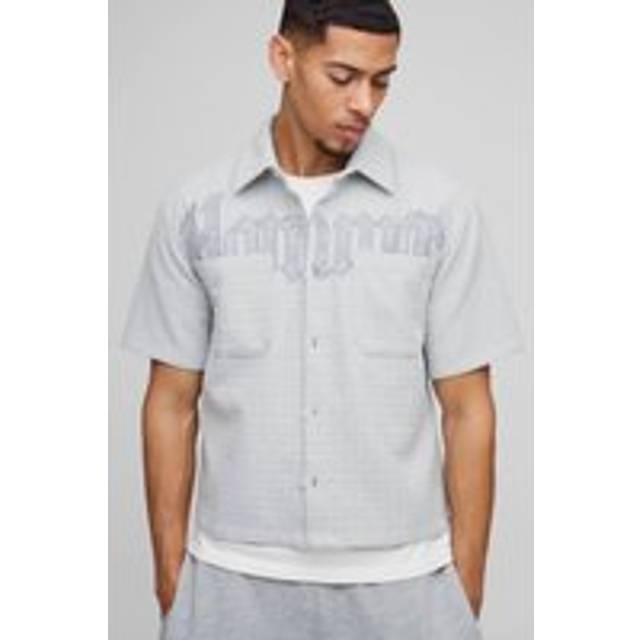 Oversized Boxy Homme Applique Double Pocket Check Shirt - Grey - XL
