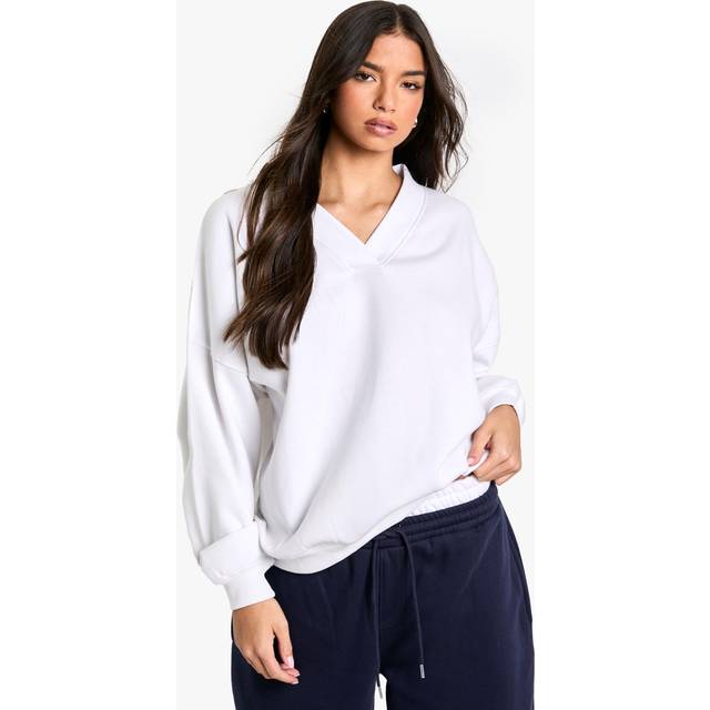 Womens V Neck Oversized Sweatshirt - Cream - XL