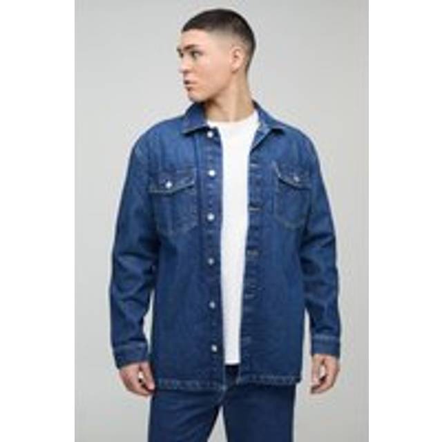 Oversized Denim Back Embroidered Shirt - Blue - XS