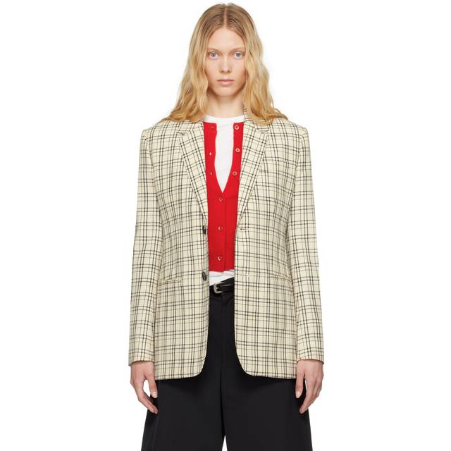 AMI Paris Beige Checked Wool Semi-Lined Blazer - WHITE CREAM/BLACK - FR 36