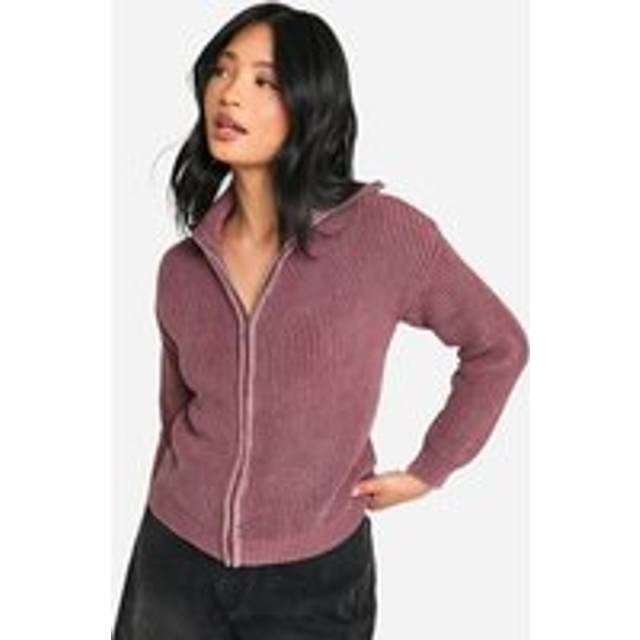 Womens Petite Acid Wash Zip Through Collared Cardigan - Purple - L, Purple