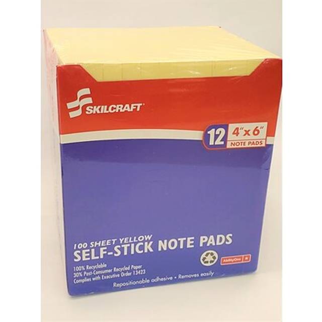 Skilcraft NSN2858355 Self-Stick Note Pad, Plain, 100-Pad, 4 in. x 6 in., 12-PK, Yellow