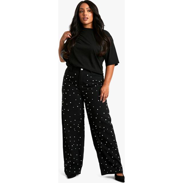 Womens Plus Pearl Embellished Wide Leg Jean - Black - 16, Black