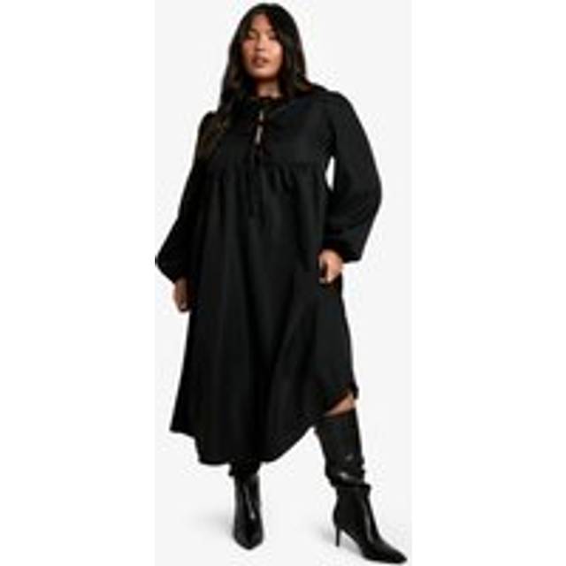 Womens Plus Woven Tie Front Midi Smock Dress - Black - 18