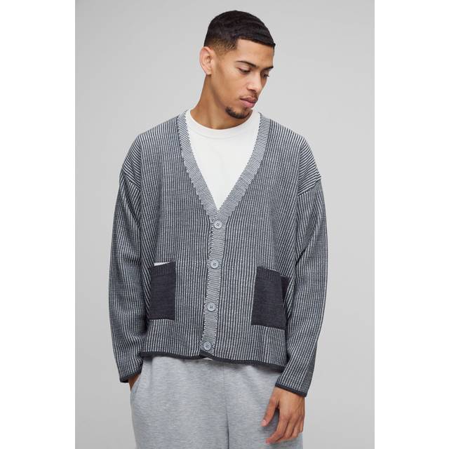 Oversized Boxy Dropped Shoulder Ribbed Contrast Knitted Cardigan - Grey - M