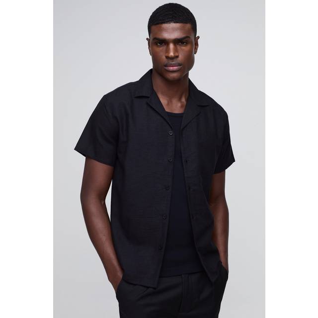 Regular Fit Revere Linen Blend Short Sleeve Shirt - Black - S