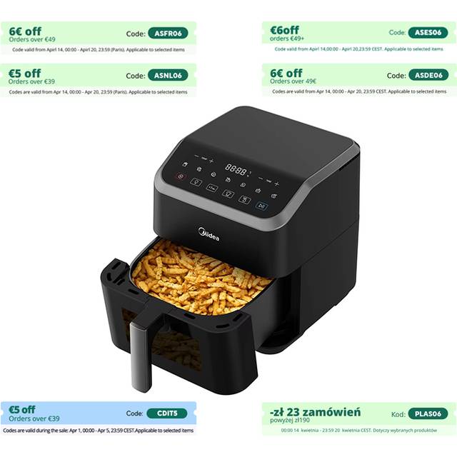 Midea Air Fryer with Visible Window 5L, HeatXpress Rapid Air Technology, 90% Less Oil, Energy Saving, 7-In-1 Presets, Non-Stick, Dishwasher Safe,