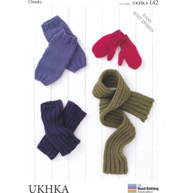 UKHKA 142 Chunky Knitting Pattern Childrens Mittens Leg Warmers & Scarf