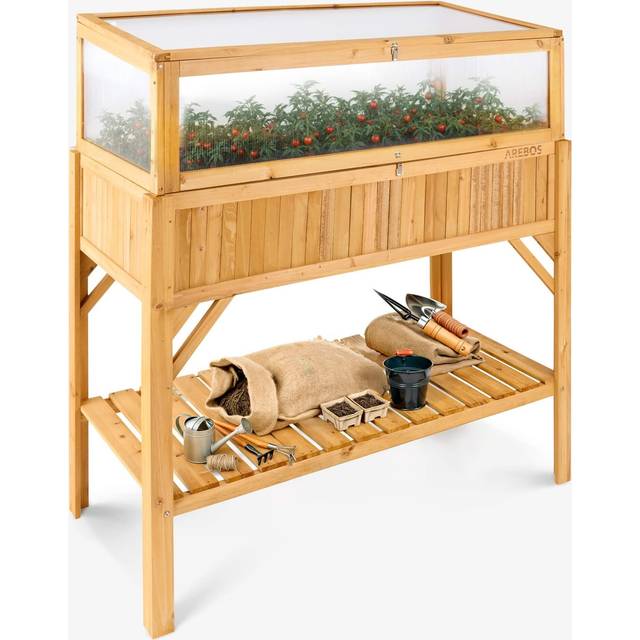 AREBOS wooden raised bed with cold frame attachment and storage compartment | for in & outdoor | 119 x 53 x 124 cm | planter box & flower box