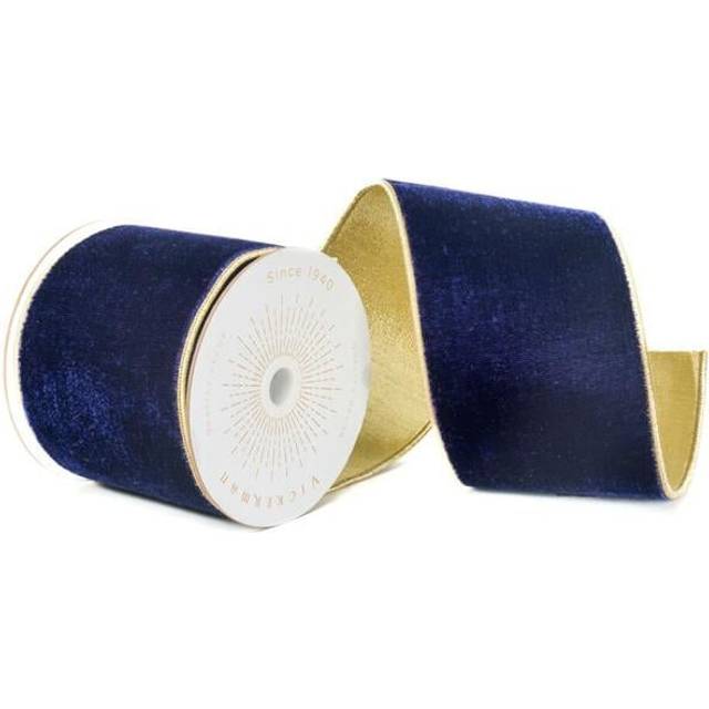Vickerman QK242575 4 in. x 10 Yards Navy Blue Velvet Gold Trim & Back Wired Ribbon