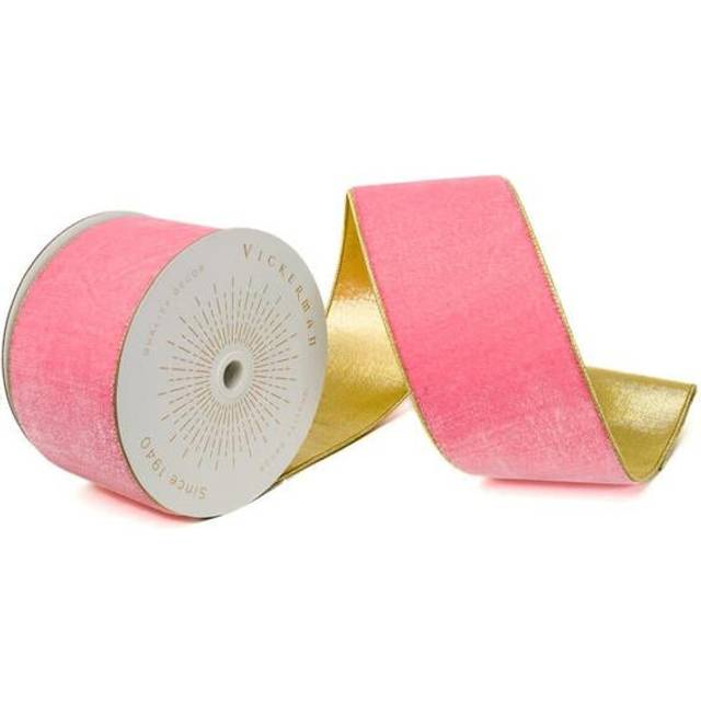 Vickerman QK242555 4 in. x 10 Yards Pink Velvet Gold Trim & Backing Wired Ribbon