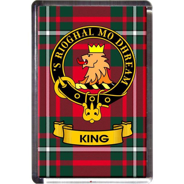 King Tartan Fridge Magnet with Scottish Clan Crest on Clear Acrylic Rectangular Base