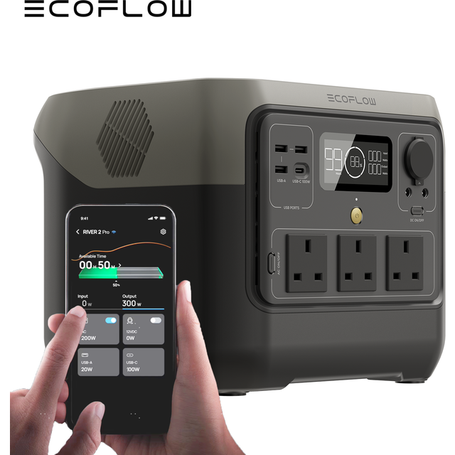 EF ECOFLOW RIVER 2 Pro, bärbart elaggregat, LiFeP04-batteri, snabbladdning på 70 minuter, 3 växelströmsuttag på 800 W, solenergigenerator för camping-/husbils-/hemanvändning
