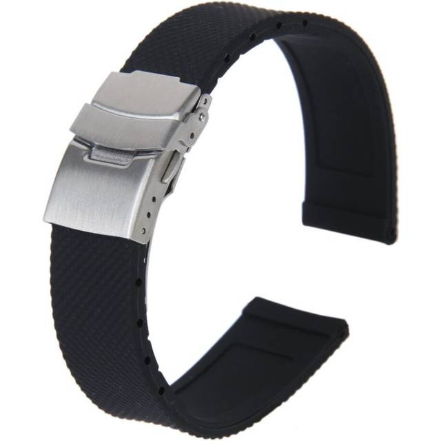 Watch Bands Sport Black Silicone Rubber Strap Deployment Buckle Waterproof 20 mm