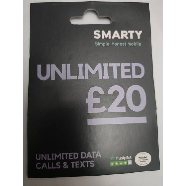Smarty sim card, uk unlimited for £20 + data + europe roaming pay & go