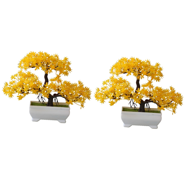 JJBRDZ 2Pcs Artificial Plant Bonsai Plastic Small Tree Pot,Yellow