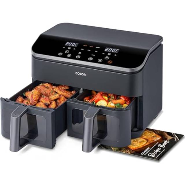 COSORI Air Fryer 8,5L, Dual Zone Fryer utan olja, 55 procent mindre energi, 8 personer, 35-230 grader Celsius Sync Finish och Cook,85 procent mindre olja, häftrecept och applicering