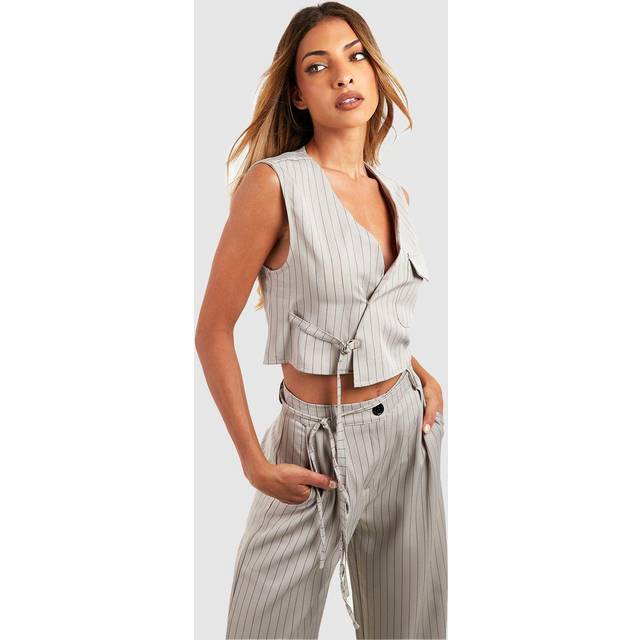 Womens Pinstripe Wrap Waistcoat - Grey - 14, Grey