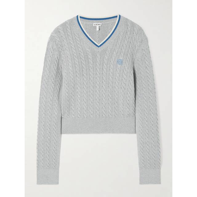 LOEWE - Striped Cable-knit Cotton-blend Sweater - Gray - small