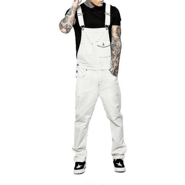 (3XL, White) Men Slim Fit Denim Jumpsuit Bib Romper Casual Overalls Dungarees