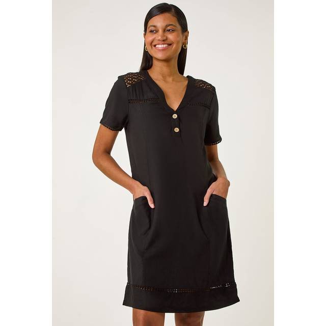 Roman Black Linen Mix Button Shift Dress - Size 10