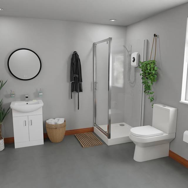 Wholesale Domestic Carter Gloss 550mm Vanity and Chrome Pivot Door Shower Enclosure Bathroom Suite including Square Tray | White | ABS Polished Chrome | 800mm x 800mm