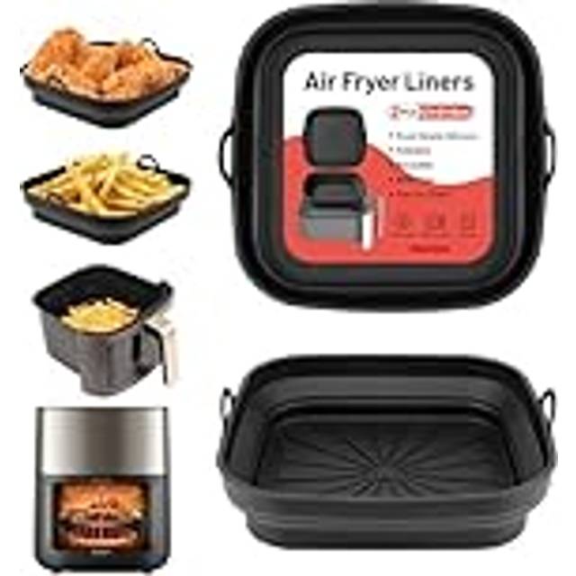 Alyvisun Silikonform för Luftfritös, 2 Stycken Silikongrytor för Airfryer Återanvändbara Silikonfoder Luftfritöskorg Fyrkantig Vikbar Silikonbakform för Mikrovågsugn och Ugn (Svart)