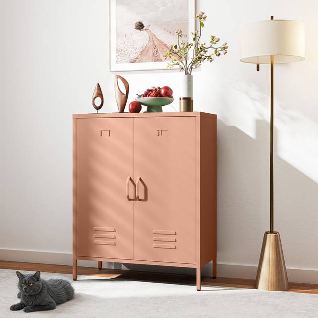 80Cm Wide 2 Door Metal Sideboard - Pink (100cm H X 80cm W X 38cm D)