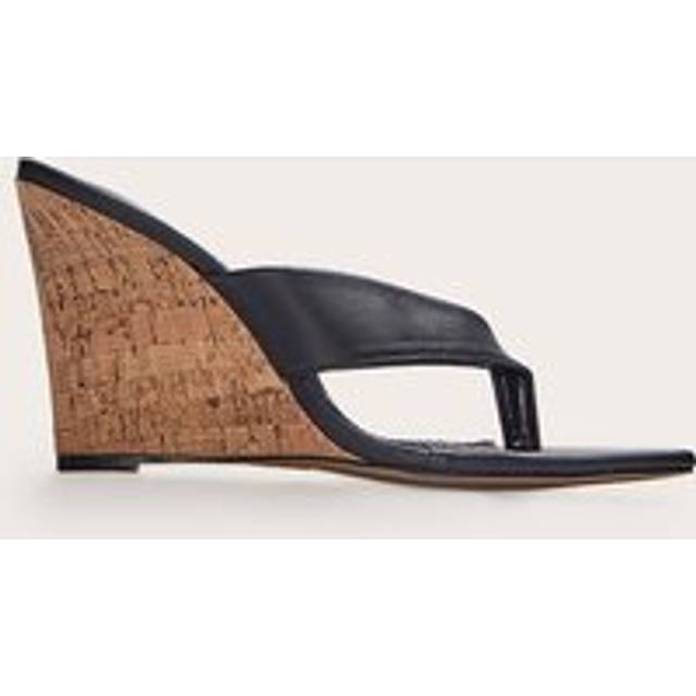 Black Pu Round Toe Thong Heeled Wedges, Black - 3