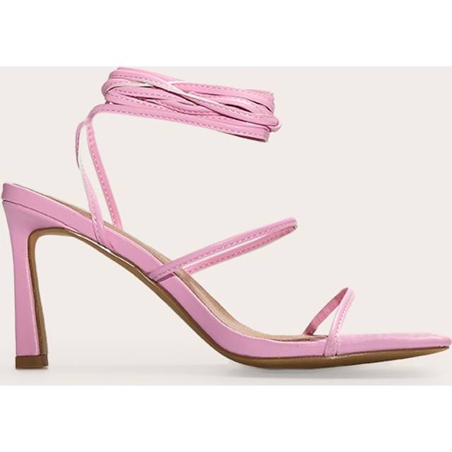 Pink Pu Square Toe Strappy Lace Up Mid Stiletto Heeled Sandals, Pink - 6