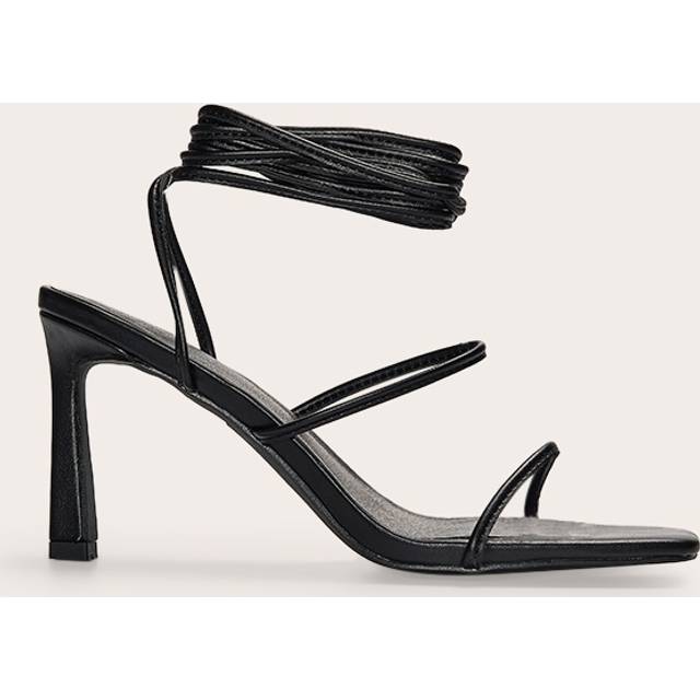 Black Pu Square Toe Strappy Lace Up Mid Stiletto Heeled Sandals, Black - 5