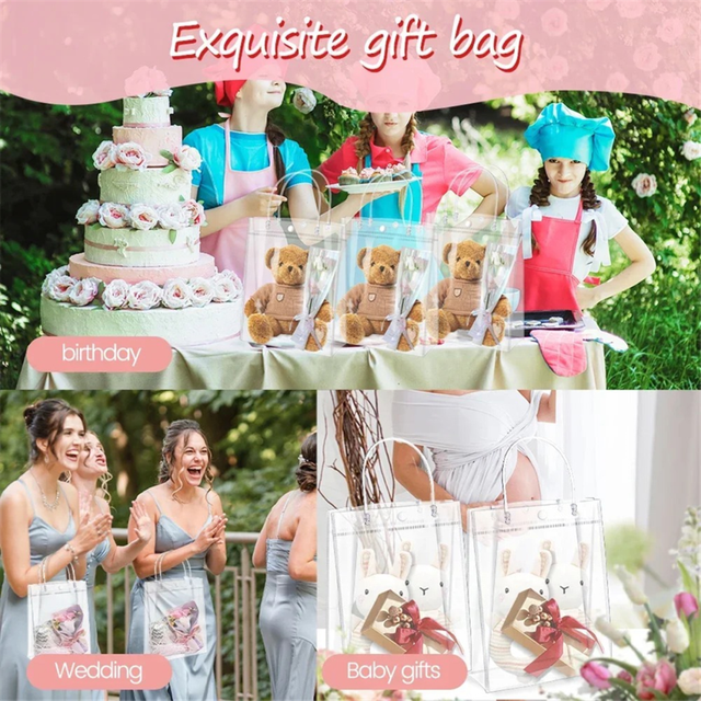 50PCS Clear PVC Gift Bags with Handles Reusable Plastic Wrap Tote Bag