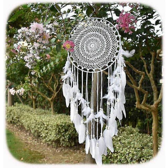 (As show, One size) Large Boho Dream Catcher White Feather Lace Wall Hanging Vintage Wedding Home Decor 35cm Round 110cm Long