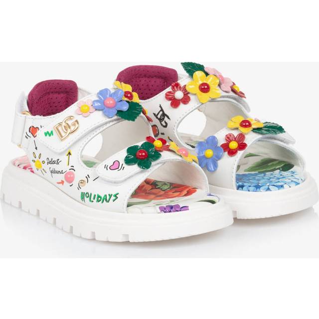 Dolce & Gabbana Girls White Leather Flower Sandals - Ivory - 34
