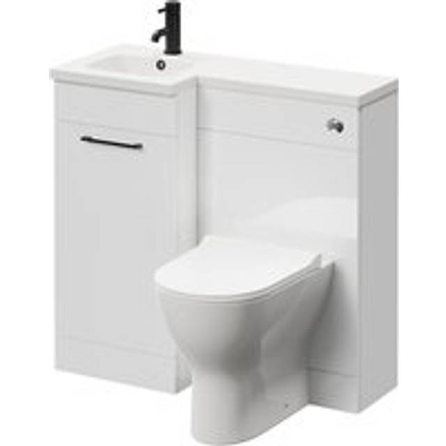 Napoli Combination Vanity Unit Toilet Suite with Left Hand L Shaped 1 Tap Hole Round Basin and Single Door with Matt Black Handle | Gloss White | Plastic | 900mm