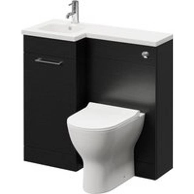 Napoli Combination Vanity Unit Toilet Suite with Left Hand L Shaped 1 Tap Hole Round Basin and Single Door with Polished Chrome Handle | Nero Oak | Plastic | 900mm