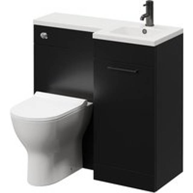 Napoli Combination Vanity Unit Toilet Suite with Right Hand L Shaped 1 Tap Hole Round Basin and Single Door with Gunmetal Grey Handle | Matt Black | ABS Polished Chrome | 900mm