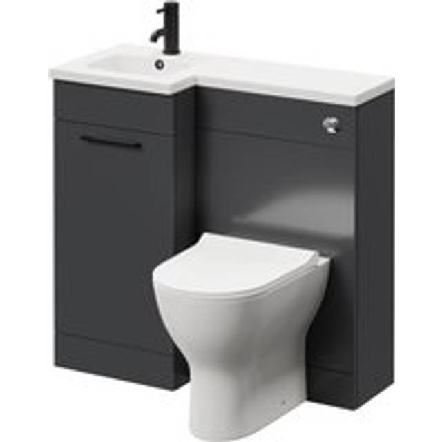 Napoli Combination Vanity Unit Toilet Suite with Left Hand L Shaped 1 Tap Hole Round Basin and Single Door with Matt Black Handle | Gloss Grey | Plastic | 900mm