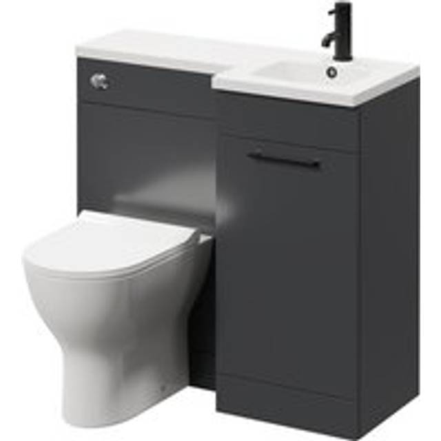 Napoli Combination Vanity Unit Toilet Suite with Right Hand L Shaped 1 Tap Hole Round Basin and Single Door with Matt Black Handle | Gloss Grey | Plastic | 900mm
