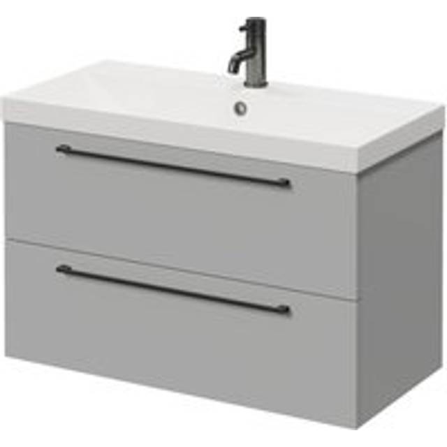 Napoli Wall Mounted Vanity Unit with 1 Tap Hole Slim Edge Basin and 2 Drawers with Gunmetal Grey Handles | Gloss Grey Pearl | MFC | 800mm