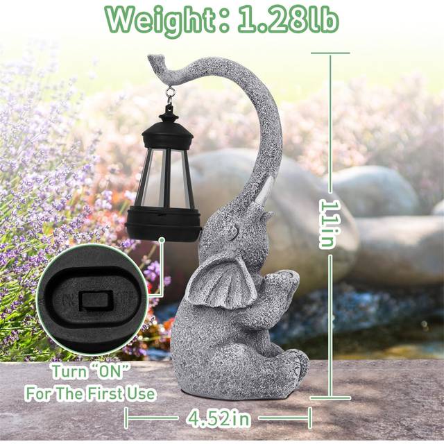 Elephant Statue Garden Ornaments Art Outdoor Decoration With Solar Powered LED Lights Decor For Patio,Balcony,Yard, Mum Birthday Gifts, Garden Gifts - Grey (13cm H X 10cm W X 28cm D)