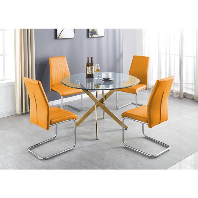 Tierra Modern Chrome Metal & Glass Round Dining Table Set with 4 Upholstered Faux Leather Chairs - Mustard (H76 x L120 x W120cm)