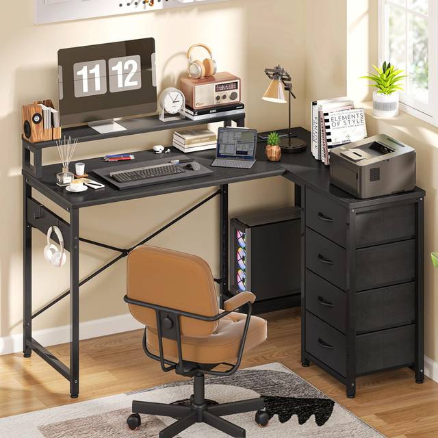 130cm W L-Shaped Computer Desk - Black (75cm H X 130cm W X 100cm D)