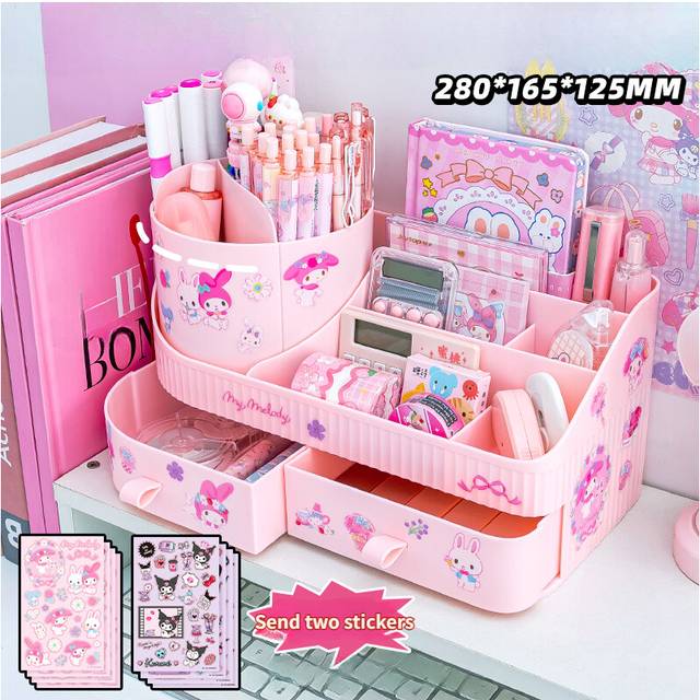 (pink send stickers) Kawaii Sanrio Kuromi Rotating Drawer Pen Holder Storage Box Organizer